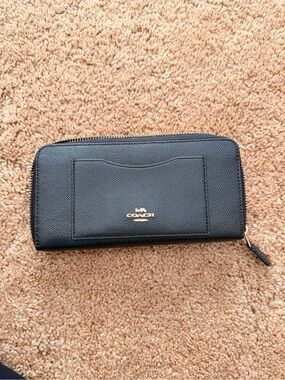 Coach Black Saffiano Zip Wallet with Gold Logo